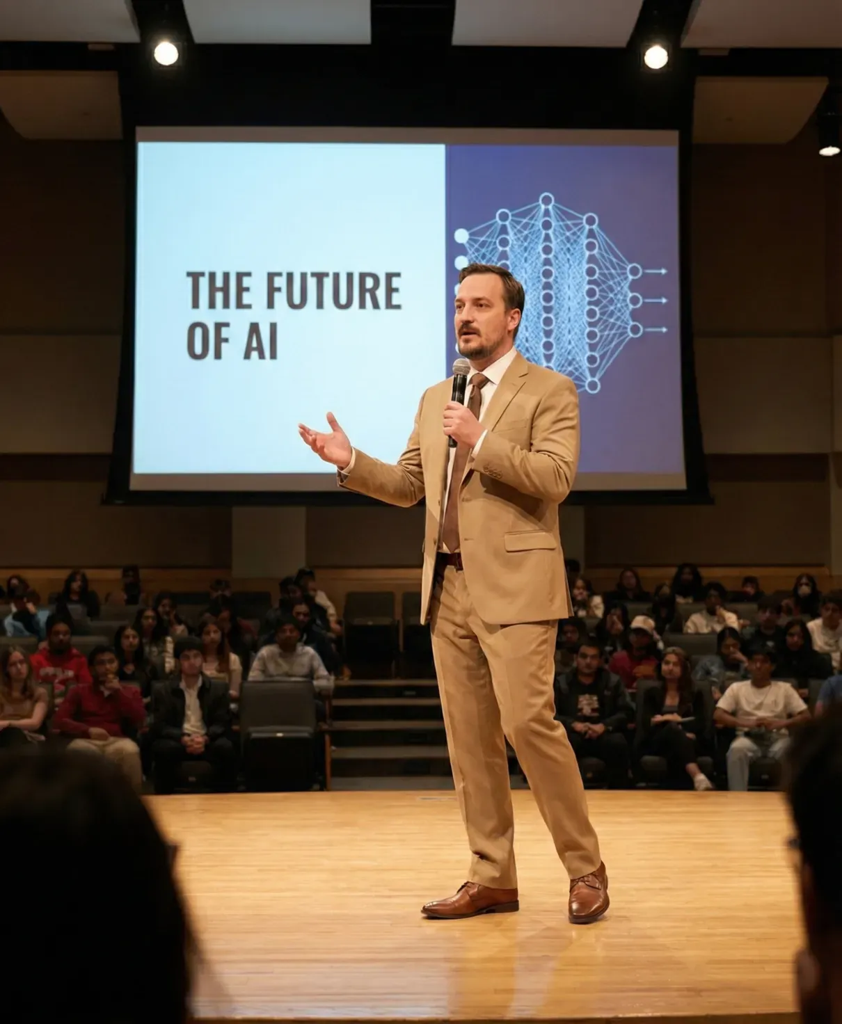 Alex Lamy speaking on stage in front of a presentation screen