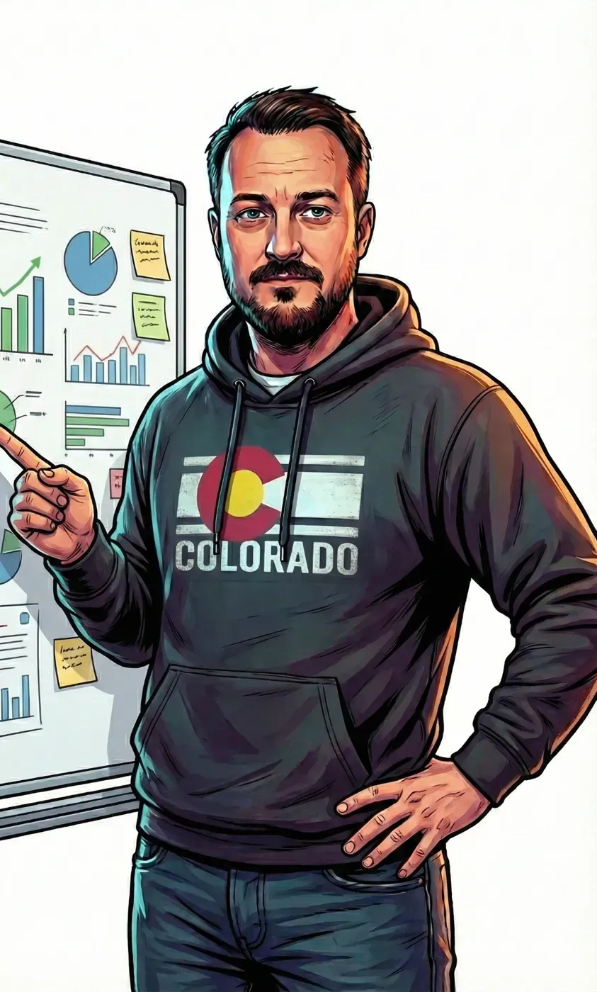 Illustration of Alex Lamy at a whiteboard, explaining charts